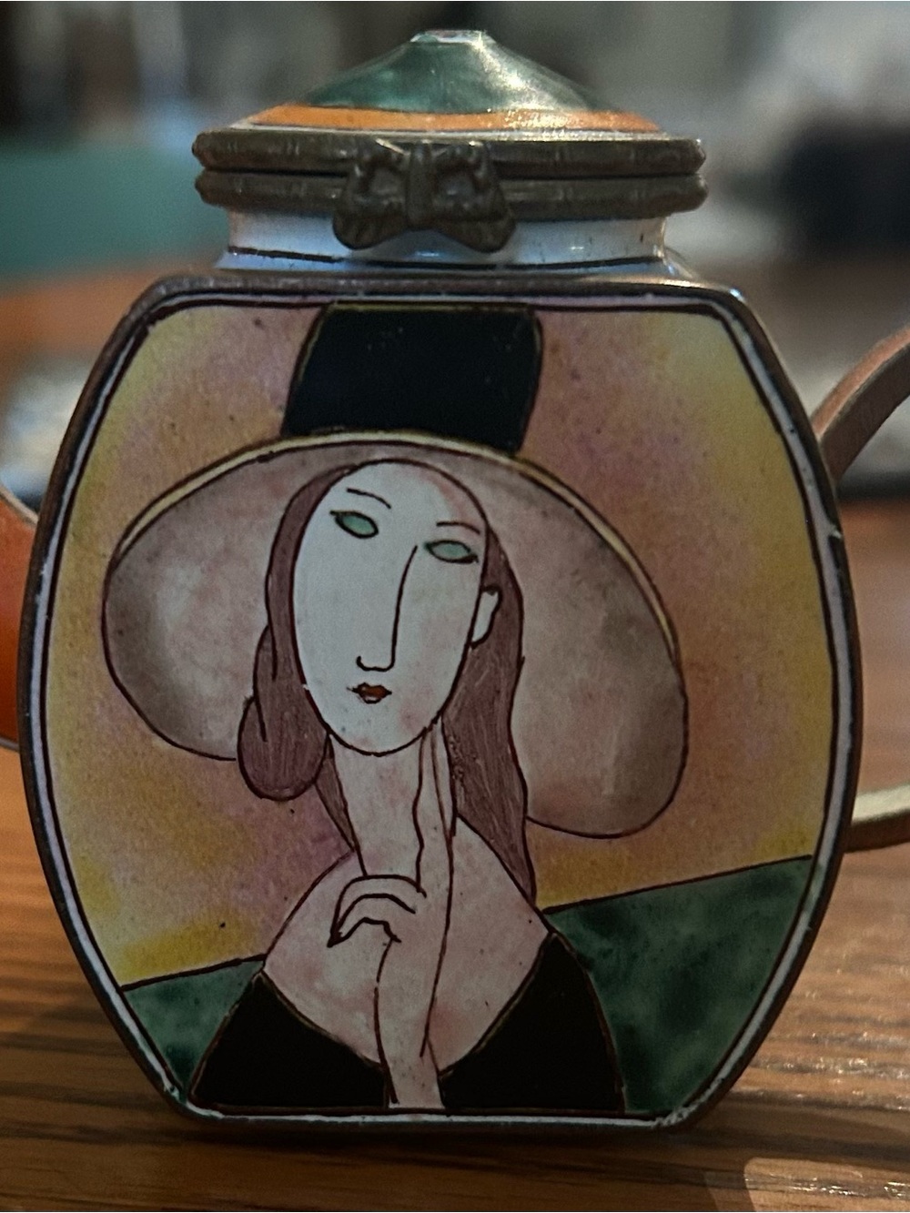 Kelvin Chen Miniature Brass and Enamel decorative teapot— Modigliani-style art